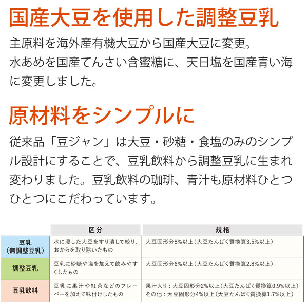 国産大豆を使用した調整豆乳。原材料をシンプルにしました。