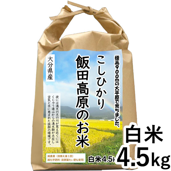 【1月新商品】令和7年産 大分県産減農薬 飯田高原のお米 こしひかり 白米（4.5kg）【石崎】