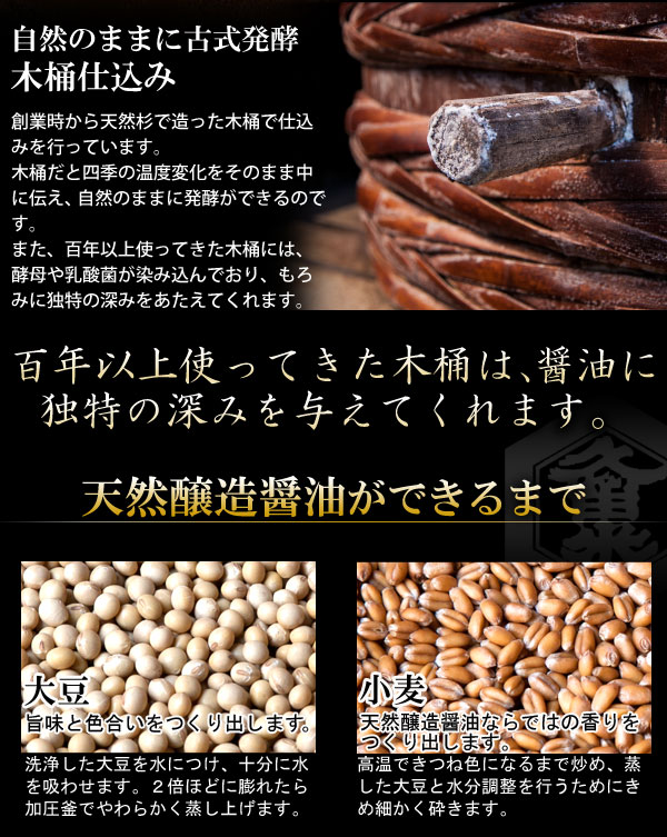 自然のままに古式発酵木桶仕込み。百年以上使ってきた木桶は醤油に独特の深みを与えてくれます。天然醸造醤油ができるまで