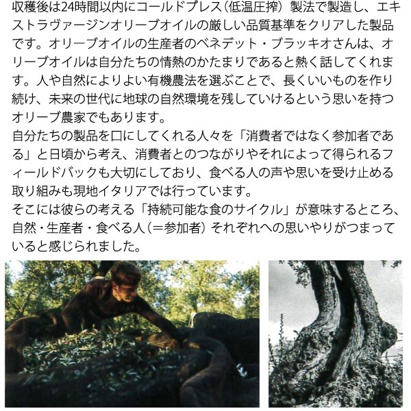 人や自然によりよい有機農法を選ぶことで、長くいいものを作り続け、未来の世代に地球の自然環境を残していけるという思いを持つオリーブ農家