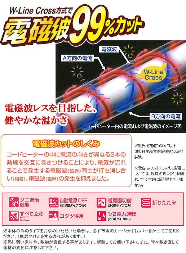 ゼンケン 電気ホットカーペット 電磁波レスを目指した、健やかな温かさ。ダニ退治機能、自動電源OFF、暖房面切替、滑り止め加工、コタツ併用、1/2電力運転