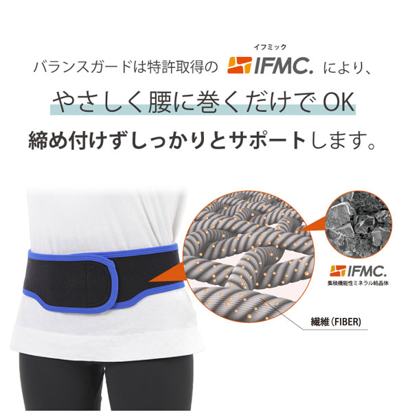 バランスガードは特許取得のイフミックにより、やさしく腰に巻くだけでOK。締めつけずにしっかりとサポートします。