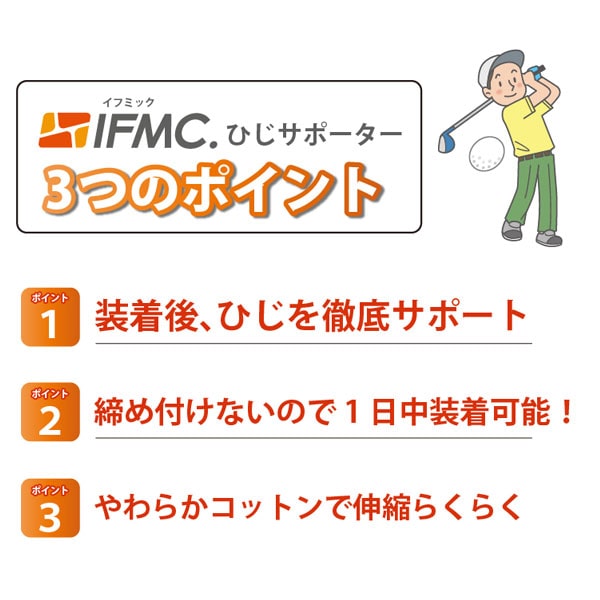 IFMC.ひじサポーター3つのポイント。装着時、ひじを徹底サポート。締め付けないので、1日中装着可能!やわらかコットンで伸縮らくらく
