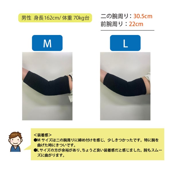 肘サポーターのサイズ選びの参考にしてみてください。男性:身長162cm/体重70kg台