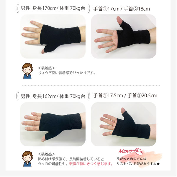手首サポーターのサイズ選びの参考にしてみてください。男性:身長170cm/体重70kg台男性:身長162cm/体重70kg台