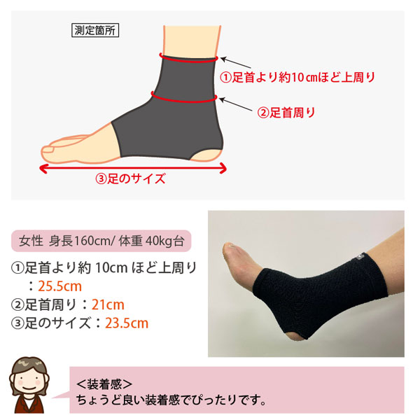 足首サポーターのサイズ選びの参考にしてみてください。女性：身長160cm/体重40kg台