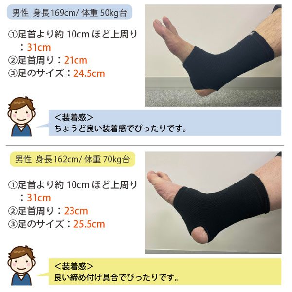 足首サポーターのサイズ選びの参考にしてみてください。男性：身長169cm/体重50kg台、男性：身長162cm/体重70kg台
