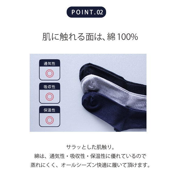 肌に触れる面は、綿100％。サラッとした肌ざわり。綿は、通気性・吸収性・保温性に優れているので蒸れにくく、オールシーズン快適に履いて頂けます