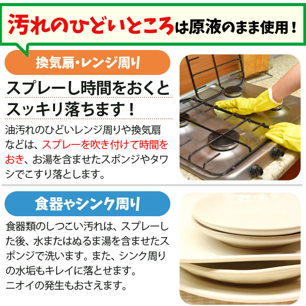 汚れのひどいところは原液のまま使用！食器の油汚れやシンク周りの水垢もスッキリ落ちて清潔に！食洗器にも使用できます。