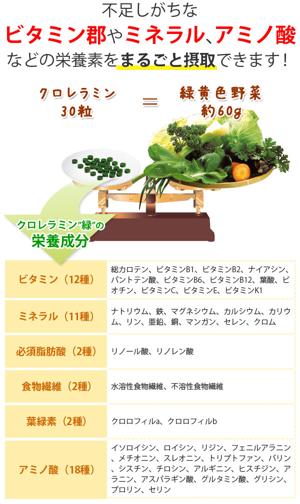 クロレラミンは不足しがちなビタミン郡やミネラル、アミノ酸などの栄養素を丸ごと摂取できます！